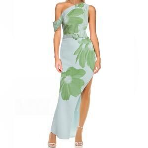 Jewel Badgley Mischka Elena Draped One Shoulder Sheath Gown Green Women’s Sz 6